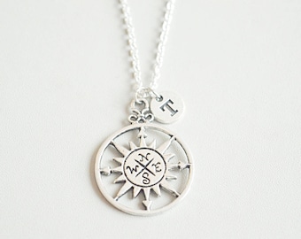 Compass charm necklace, Compass pendant, Silver Compass , Long distance friendship, Distance relationship, Initial necklace, Sun necklace