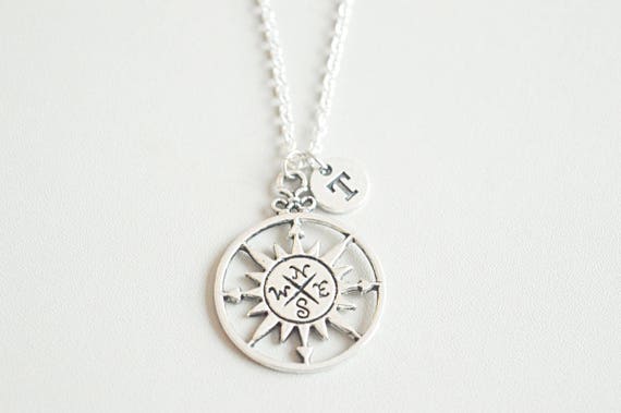 Compass charm necklace, Compass pendant, Silver Compass , Long distance friendship, Distance relationship, Initial necklace, Sun necklace