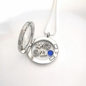 Puede incluir: Collar con dije de plata y un inserto de vidrio transparente. El dije contiene un peque&ntilde;o dije de flor blanca, un dije de herradura con diamantes de imitaci&oacute;n, el n&uacute;mero 21 y una piedra preciosa azul.