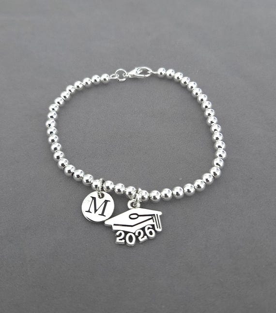 Graduation Charm Bracelet, Initial, Cap, Diploma, Student Gift