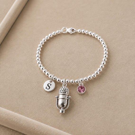 Retro Microphone Bracelet, Singer Gift for Her, Vocalist Music Lover Gift, Personalised Singing Bracelet