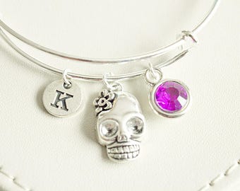 Skull bracelet, skull and roses charm, Gothic bracelet, charm bangle bracelet, personalised skull gift, gift for friend, skull jewellery