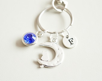 Cat gifts, Cat Keychain for Her, Moon Keychain, Cat and Moon charm, Gifts for her, Unique gift for her, birthday gift, Animal, Cute, Quirky