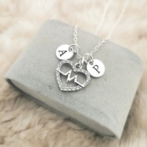 Couples initial necklace, heart beat necklace, Couples necklace set, couples necklace sets of 2, couples heart necklace, matching necklaces, image 2