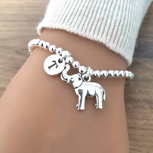 May include: A silver charm bracelet with a small elephant charm and a letter 'T' charm. The bracelet is made of small silver beads.