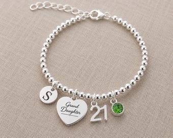 Regalo de cumpleaños número 21 para nieta, pulsera de cumpleaños número 21, joyería personalizada para nieta, regalo con inicial de piedra de nacimiento.