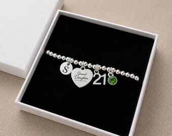 Regalo de cumpleaños número 21 para nieta, pulsera de cumpleaños número 21 para nieta, pulsera personalizada con inicial y piedra de nacimiento, regalo de la abuela.