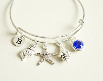 Joias de praia, pulseira de praia, pulseira de oceano, presente com tema de praia, tema de oceano, mar, casamento na praia, concha, estrela do mar, pulseira de dama de honra