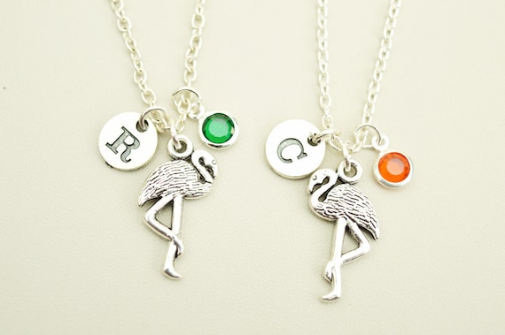 Flamingo charm necklace, bff necklace set, 2 3 4 5 6 7 8, Best friend necklace, friend necklace, friendship jewelry, personalized Initial