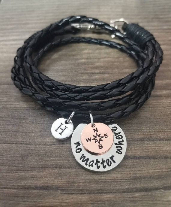 Long distance boyfriend gift, Boyfriend bracelet, long distance bracelet, distance friendship gifts,No matter where, Black leather bracelet