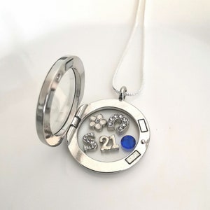 Puede incluir: Collar con dije de plata y un inserto de vidrio transparente. El dije contiene un peque&ntilde;o dije de flor blanca, un dije de herradura con diamantes de imitaci&oacute;n, un dije de letra 'S', un dije de n&uacute;mero '21' y una piedra preciosa azul.