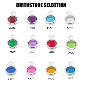 May include: Birthstone selection chart with twelve different colored gemstones in silver settings. Each gemstone is labeled with a month of the year: January, February, March, April, May, June, July, August, September, October, November, and December.