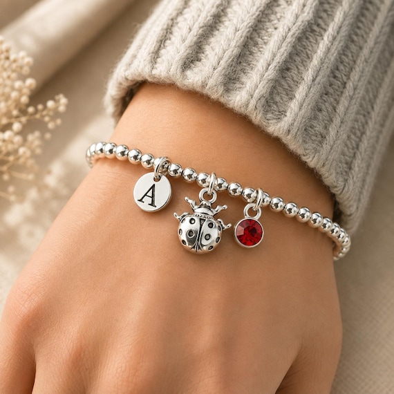 Ladybird Bracelet for Women, Initial Birthstone Bracelet, Ladybug Jewellery, Birthday Gift for Her, Christmas Gift