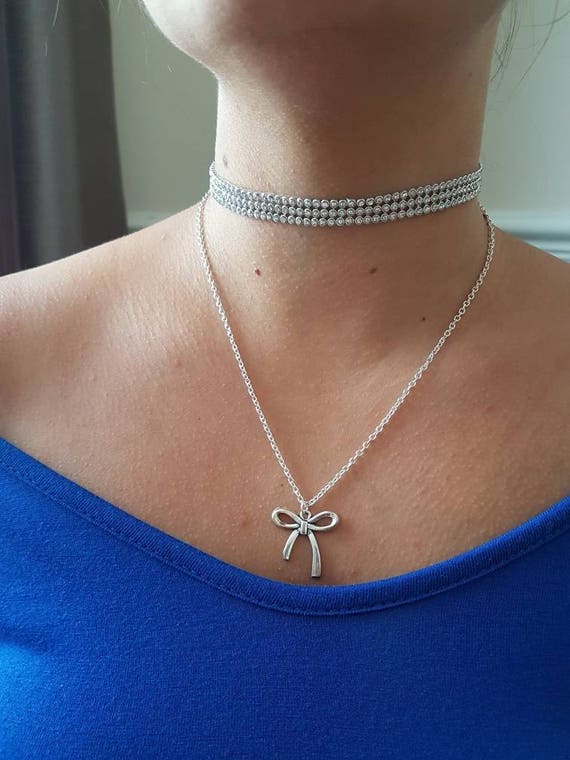 Silver Choker, bow choker with necklace, rhinestone choker, double choker, bridesmaid knot choker, gift for her, fashion necklace, Trendy