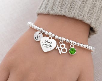 Regalo de cumpleaños número 18 para nieta, pulsera de cumpleaños número 18, joyería personalizada para nieta, regalo con inicial de piedra de nacimiento.