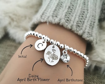 April birth flower bracelet,April birthstone bracelet,April birth flower,Bracelet for women,April gift for women,gift for her,April Bracelet