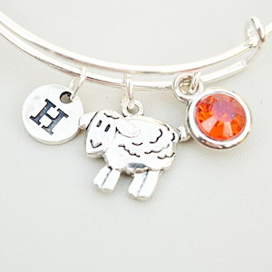 May include: Silver charm bracelet with a silver charm of a sheep, a silver charm with the letter H, and an orange crystal charm.