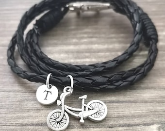Pulsera de bicicleta, Pulsera de bicicleta, Regalos de bicicleta, Regalo para novio, Encanto de ciclo, Pulsera para hombres, Pulsera de cuero, Pulsera negra, Ciclista
