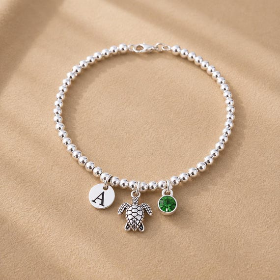 Turtle Bracelet, Sea Turtle Jewellery, Initial Birthstone Bracelet, Turtle Lover Gift for Her, Birthday Christmas Gift