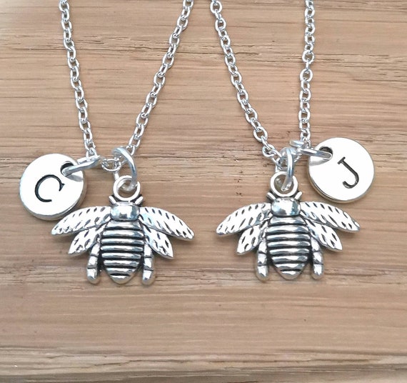 Bee Necklace, Animal Necklace, Charm Necklace, BFF Gift Idea, Initial Necklace, Monogram Necklace, Two Best Friends, Bestie, Animal Jewelry