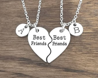 Friendship heart necklace, Friendship Necklace with Initials, BFF initial Gift, best friend heart Necklace, Split heart Gift, two heart