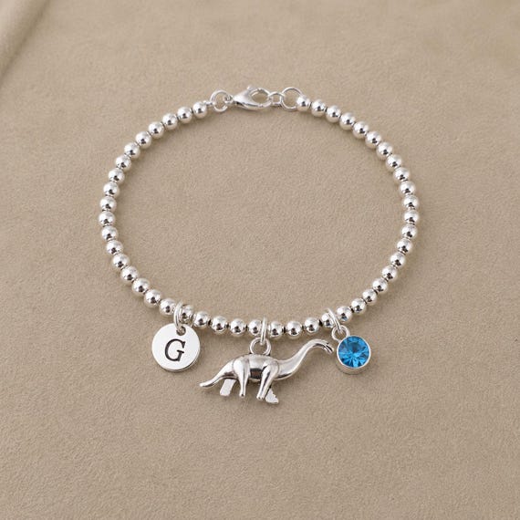 Dinosaur Gift for Girls, Cute Dinosaur Charm Bracelet with Initial, Birthday Christmas Gift for Daughter Granddaughter Niece
