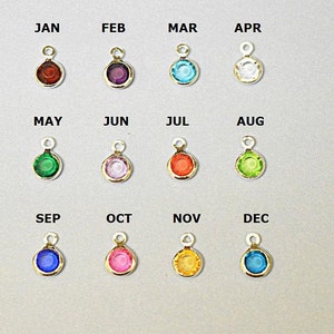 May include: Twelve gold charms with colored gemstones, each charm is labeled with a month of the year, January through December.