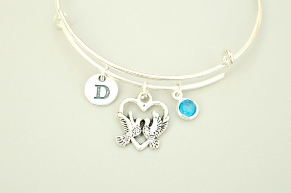 girlfriend bracelet, bracelet for her, love bangle, heart bracelet, birds bracelet, love birds charm, gift for her, personalized gift