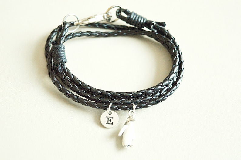 Penguin Bracelet, Black Penguin Bracelet, Penguin gifts, Gift for Boyfriend, Penguin Charm, Mens bracelet, Leather bracelet, Christmas gift image 1