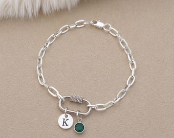 May Emerald Birthstone Bracelet, Silver Plated Initial Charm, Women's Jewelry
