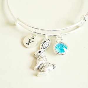 May include: Silver expandable bracelet with a charm of a rabbit, a blue crystal charm, and a charm with the letter Y.