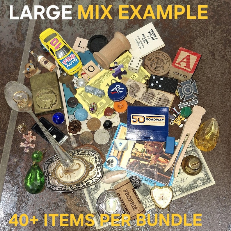 May include: A collection of vintage items including a yellow toy car, a Zippo lighter, coins, a belt buckle, and various small objects. The image includes the text "LARGE MIX EXAMPLE" and "40+ ITEMS PER BUNDLE".