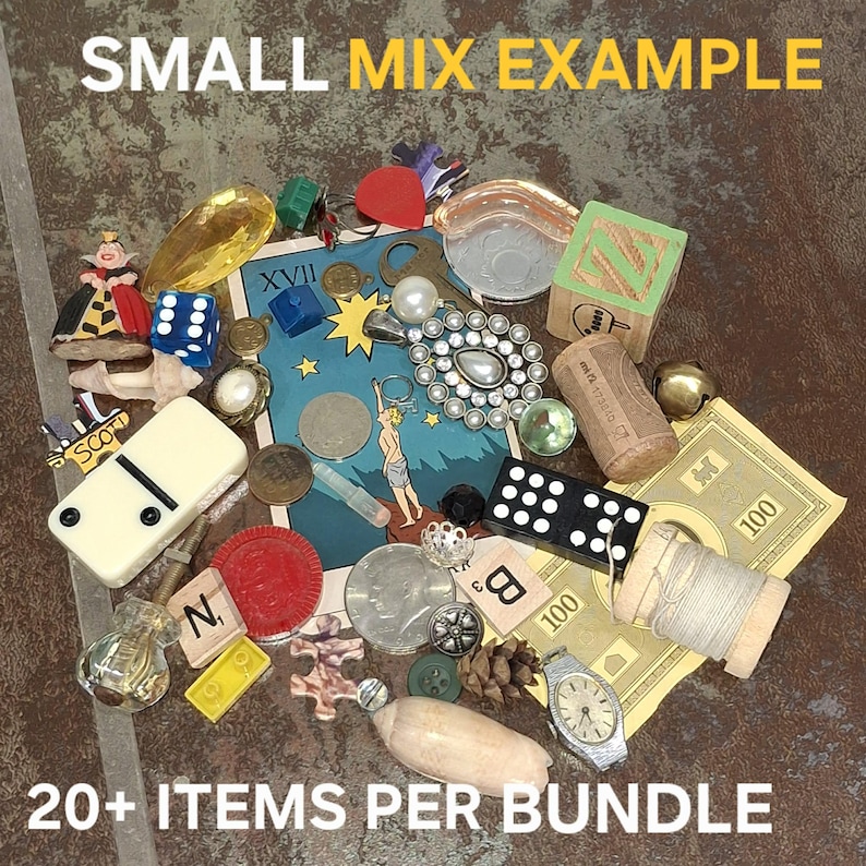 May include: A collection of small, assorted items including a domino, dice, a watch, coins, a cork, and a block with the letter "Z". The image includes the text "SMALL MIX EXAMPLE" and "20+ ITEMS PER BUNDLE".