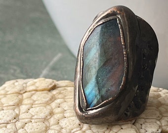 Antique Copper Labradorite shield statement ring