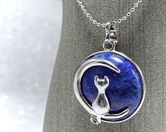 Cat and Moon Gemstone Pendant Necklace Lapis Lazuli Amethyst Black Agate 