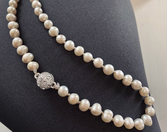 Genuine Pearl Necklace with Crystal Ball Magnetic Clasp hand knotted on silk