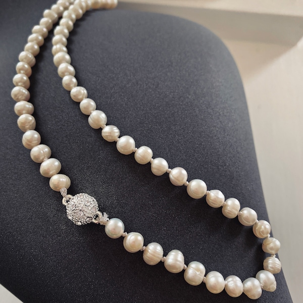 Genuine Pearl Necklace with Crystal Ball Magnetic Clasp hand knotted on silk