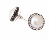 1 2 quot Coin Pearl Studs in Handmade Clay and Crystal Settings