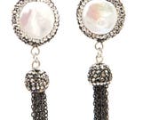 Coin Pearl with Crystal Accents Fringe Earrings