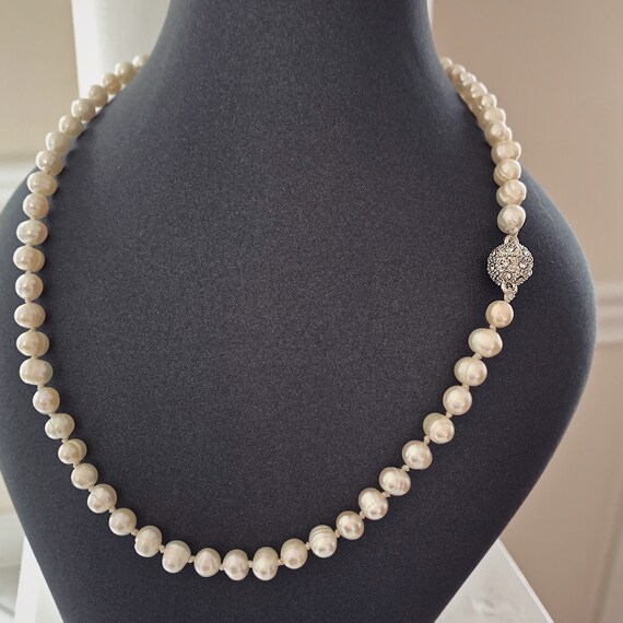 Genuine Pearl Necklace With Crystal Ball Magnetic Clasp Hand Knotted on Silk Etsy