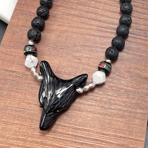 Wolf Black Obsidian Convertible Length Necklace for courage, confidence, protection