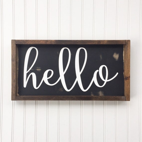 Hello Framed Wood Sign Cursive Handwritten Font Decor Hand Etsy