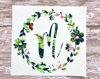 Floral Wreath Monogram Vinyl Die Cut Decal Sticker for Car Laptop etc MGM470