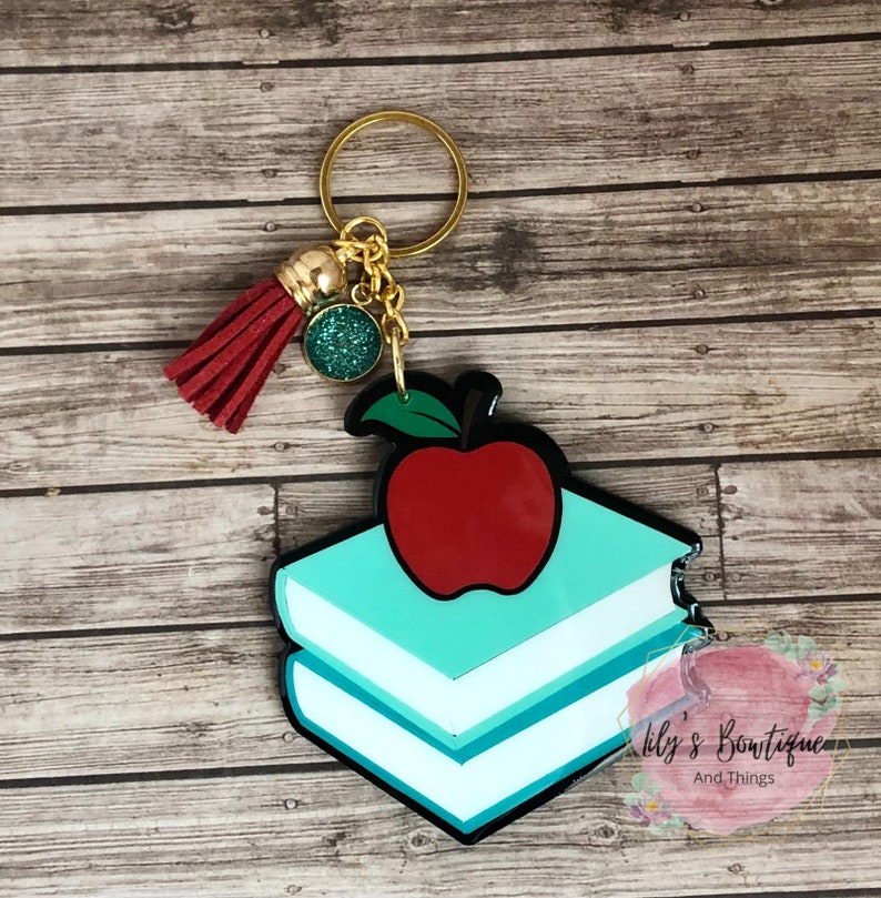 Teacher Keychain Books With Apple Keychain Acrylic Keychain Etsy