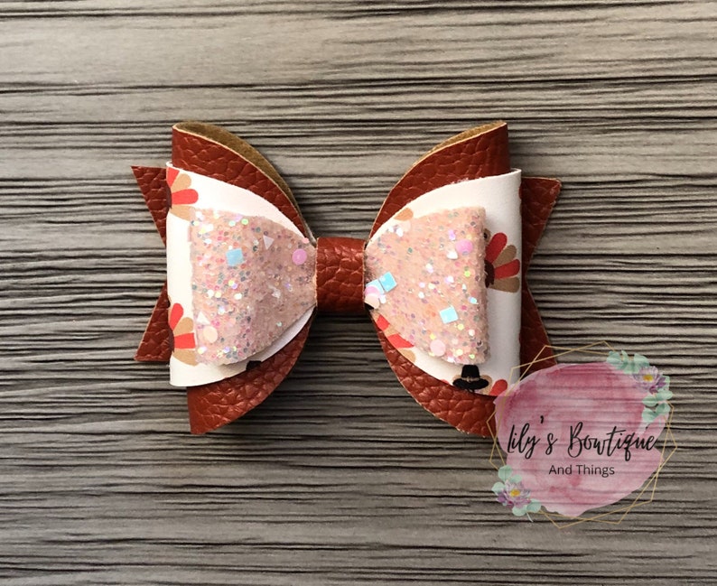 Thanksgiving Faux Leather Bow Hair Clip Girls Hair Bow Nylon Headband Fall Hair Bow Gift For Girls Infant Turkey Hair Bow