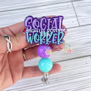 Social Worker Badge Reel, Custom ID Holder For Her, Cute Glitter Mental Health Acrylic Topper, Social Worker Lanyard With Beads, Key Card