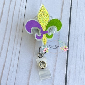 Bobine d'insigne fleur de lys, enrouleur d'insigne de mardi gras pour infirmières, clip pour insigne médical RN scintillant, joli porte-carte d'identité, lanière d'enseignant avec perles pour elle