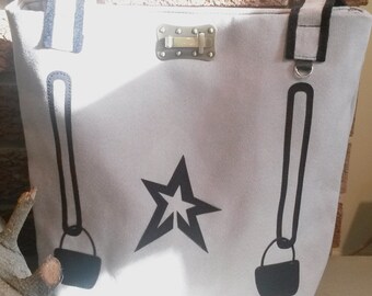 gray large bag, gray and black tote, gray graphic bag, casual bag elegant bag, metal buckle bag, large bag, hand bag,shoulder bag,school bag
