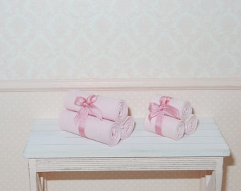 Dollhouse Miniature Plush White Towels with a Pink Ribbon