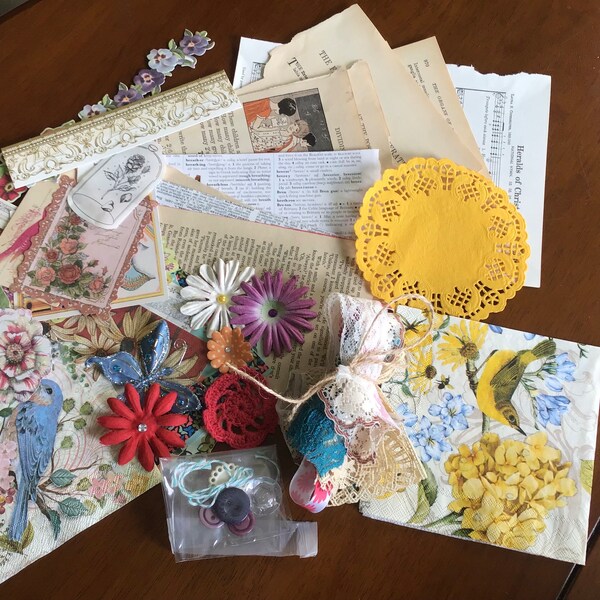 Lovely junk journal Kits with Organza Bag. **40 piece set.** Papers/embellishments/lace/Buttons and so much more